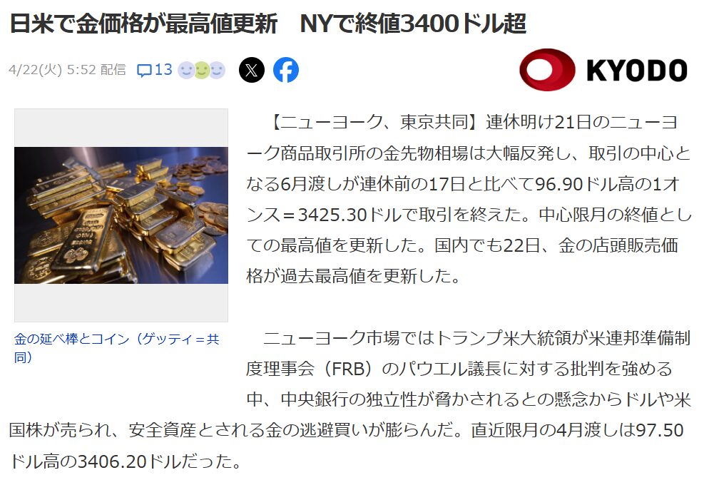 金が最高値更新したニュース